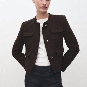 Mango Women's Pocket Tweed Jacket with Gold Buttons - Size XL